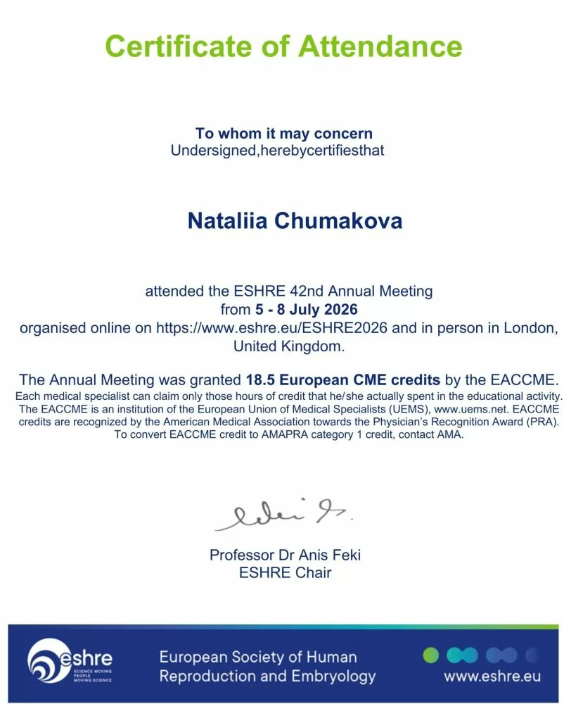 Nataliia Chumakova nahm an der 42. Jahrestagung der European Society of Human Reproduction and Embryology (ESHRE) teil, die vom 5. bis 8. Juli 2026 in London, Vereinigtes Königreich, im Hybridformat stattfand. Die Veranstaltung war von der EACCME akkreditiert und wurde mit 18,5 europäischen CME-Credits anerkannt. Nataliia Chumakova nahm an der 42. Jahrestagung der European Society of Human Reproduction and Embryology (ESHRE) teil, die vom 5. bis 8. Juli 2026 in London, Vereinigtes Königreich, im Hybridformat stattfand. Die Veranstaltung war von der EACCME akkreditiert und wurde mit 18,5 europäischen CME-Credits anerkannt.