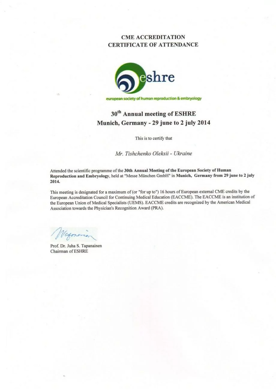 Zertifikat vom Verband für Reproduktionsmedizin (ESHRE) über die Teilnahme an den 13. Kursen der Gesellschaft, die am 25. Juni 2023 in Kopenhagen (Dänemark) stattfanden Zertifikat vom Verband für Reproduktionsmedizin (ESHRE) über die Teilnahme an den 13. Kursen der Gesellschaft, die am 25. Juni 2023 in Kopenhagen (Dänemark) stattfanden